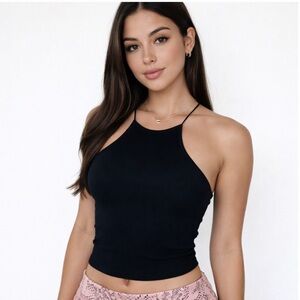 Black Ribbed Halter Crop Top One Size Stretchy NWT Minimalist